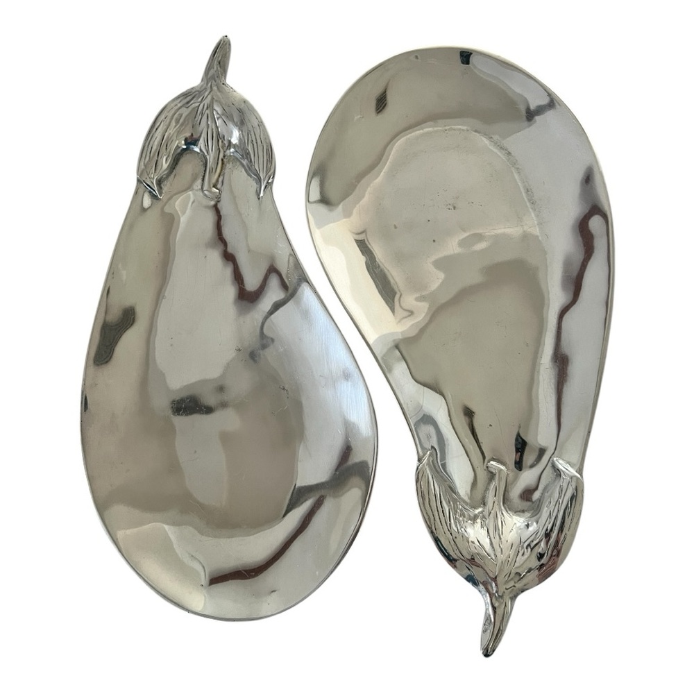 Mariposa eggplant serving trays dishes 14” set of two polished aluminum Mexico